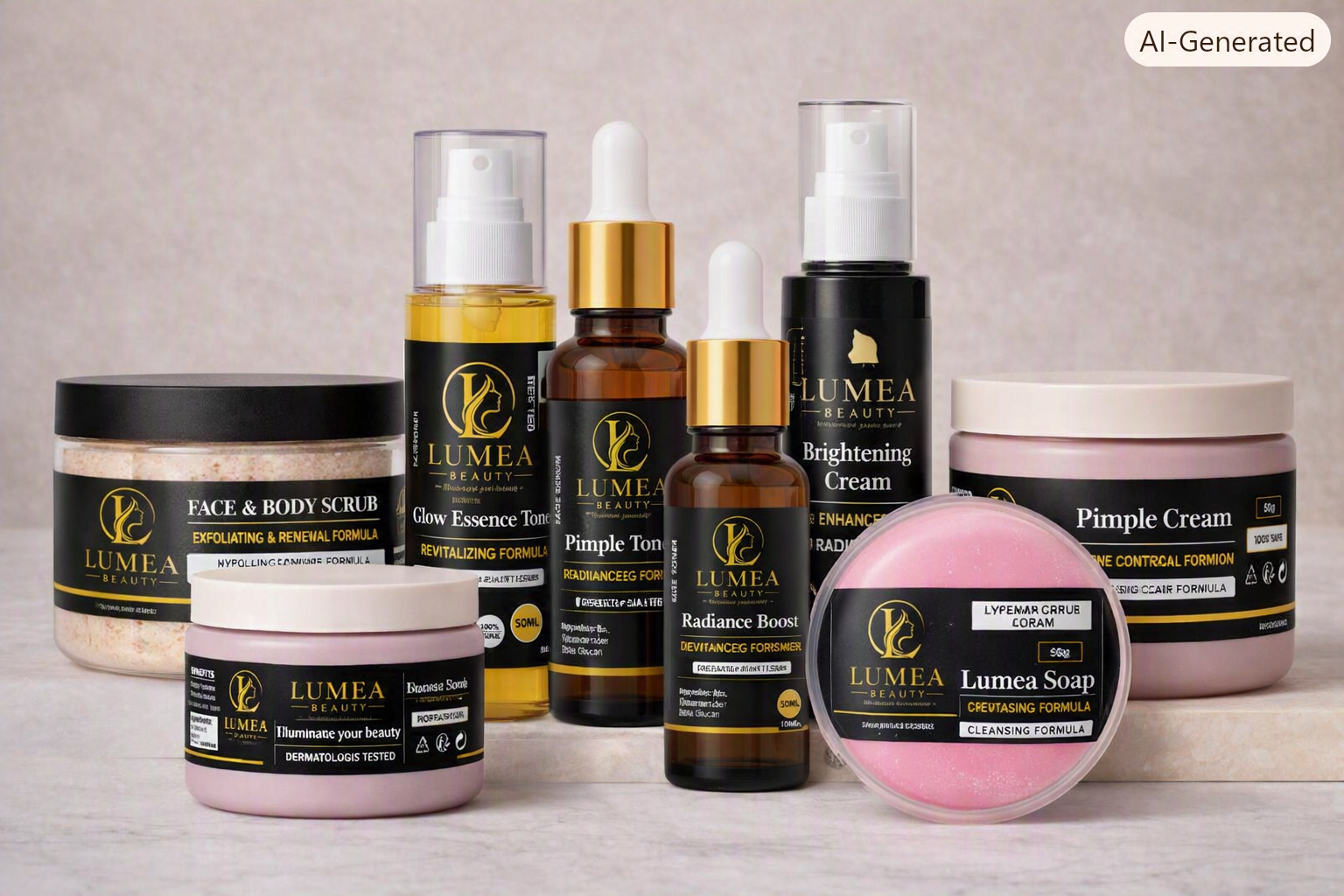 Lumea Beauty founder's studio, gold-lit vanity with skincare bottles
